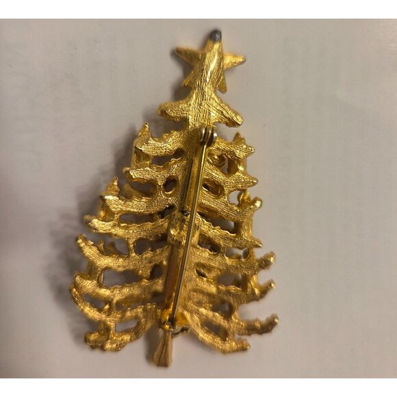 VTG Christmas Tree Brooch Pin Rhinestones gold tone Holiday Jewelry Classic - Picture 2 of 6